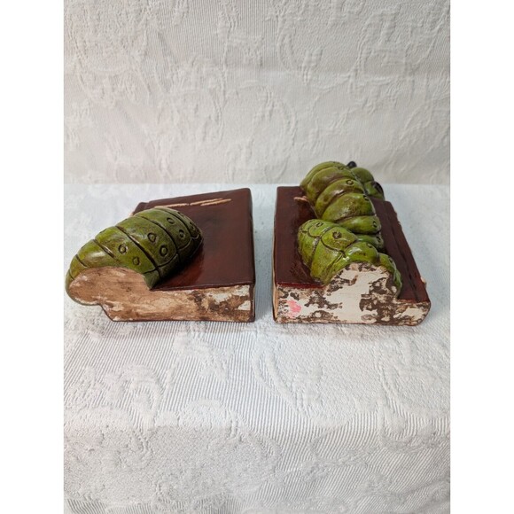 Vintage Book Worm Bookends 3D Heavy Ceramic Retro 1960-70 Hand Painted - Picture 9 of 11